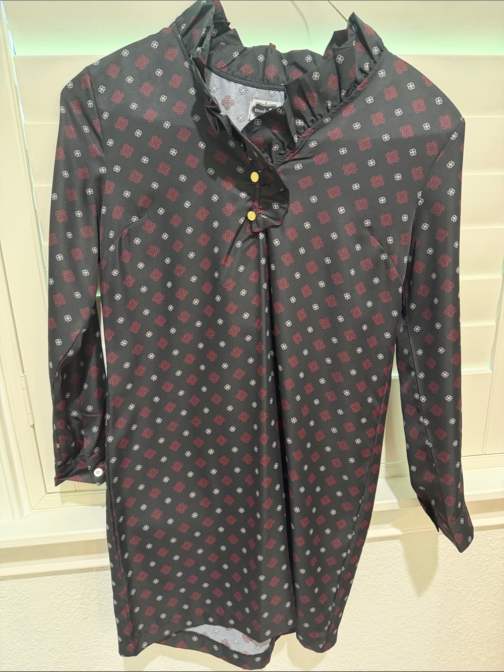 Mud Pie Black Button-Down Shirt with Red and White Geometric Print